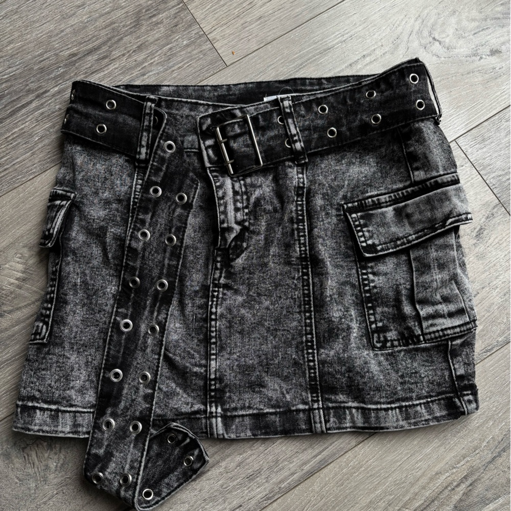 Windsor Black Acid-Wash Denim Mini Skirt with Grommet Details